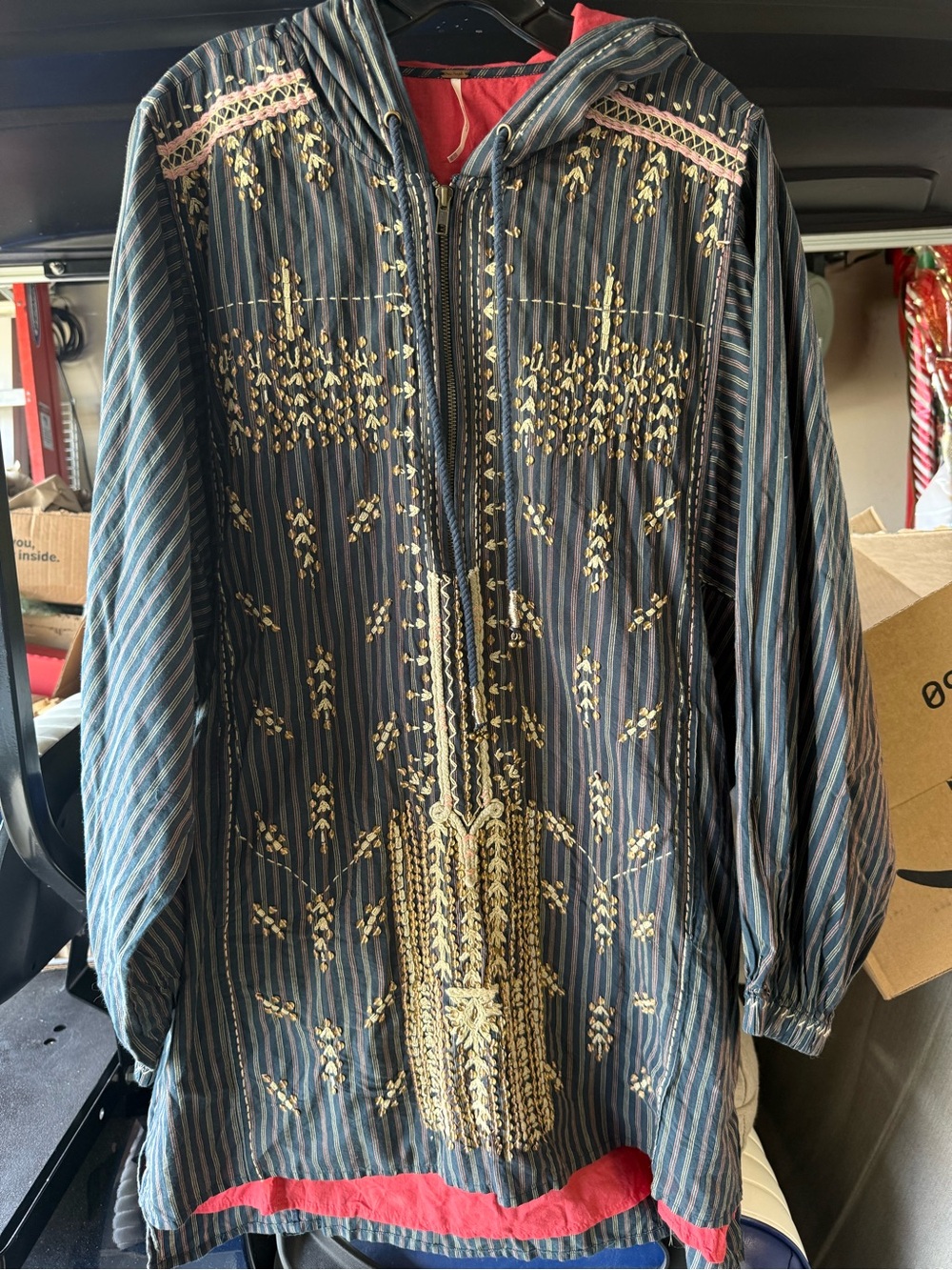 Free People Embellished Boho 1/4 Zip | Y2K Oversized Cotton Embroidered Stripes